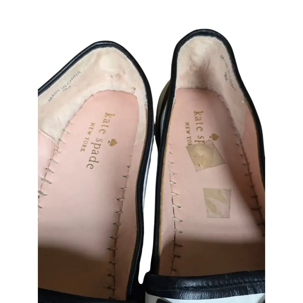 Kate Spade NY LINDS Striped Leather Bow Espadrille Flats Black White Sz 9